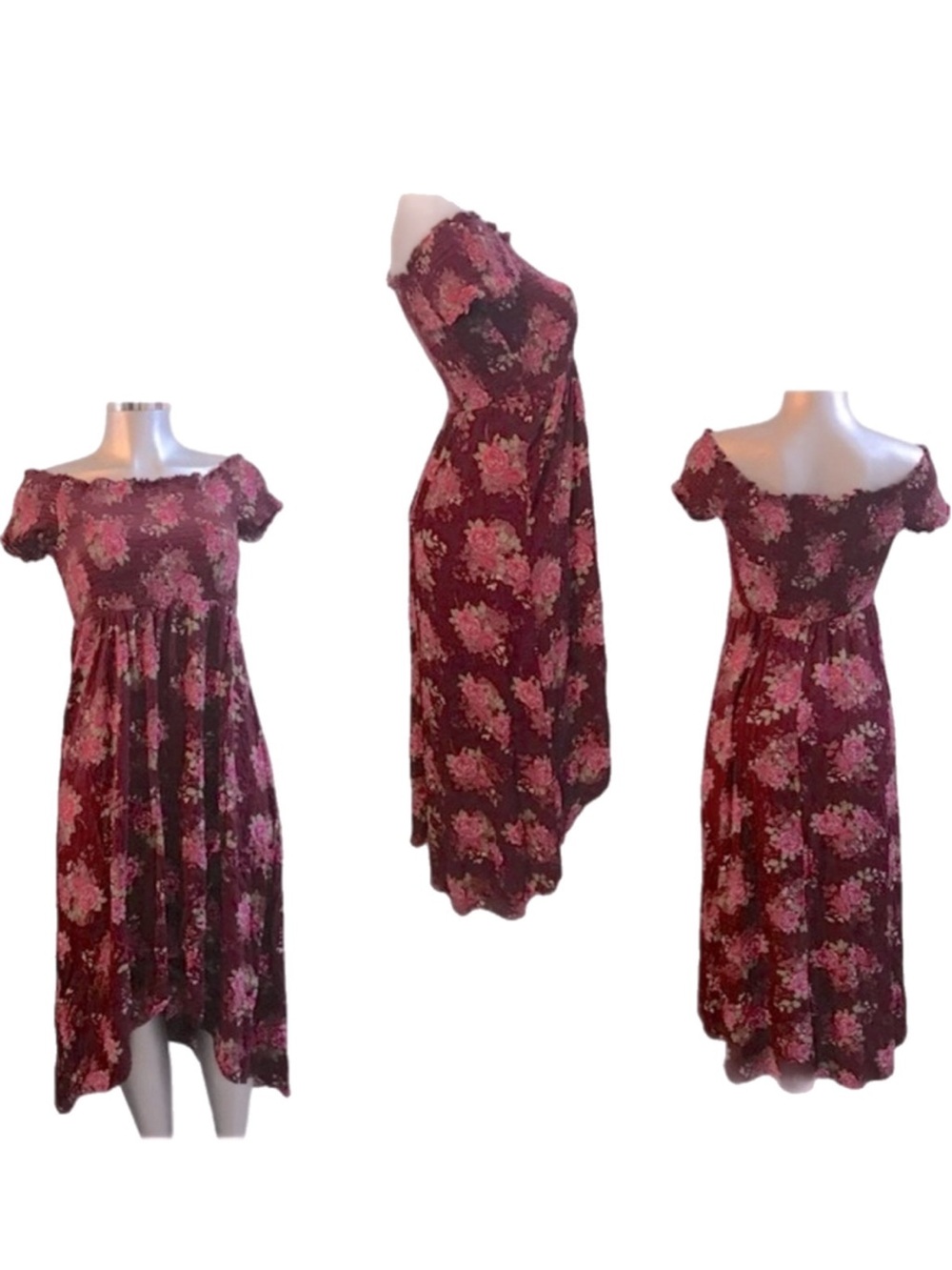 Arizona High Low Sun Dress Midi Burgundy/Pink Floral Rose Print Cottagecore Lrg